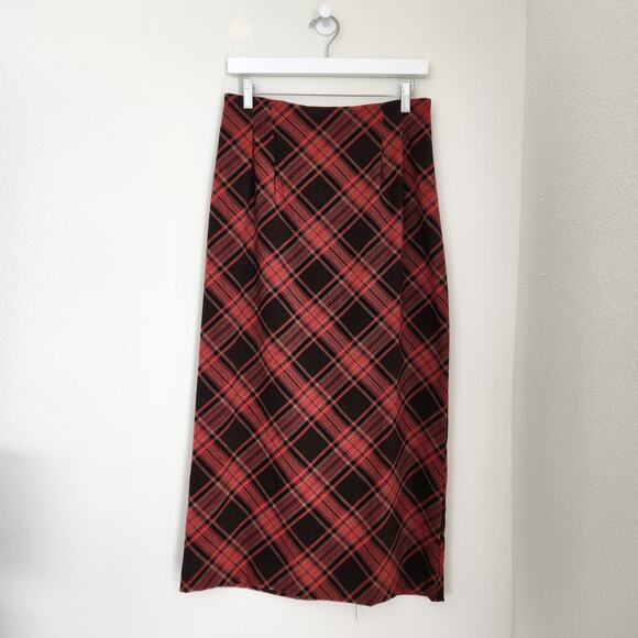 Vintage 90s Briggs New York Red Brown Plaid Midi Skirt High Rise Dark Academia 6 - Picture 9 of 9